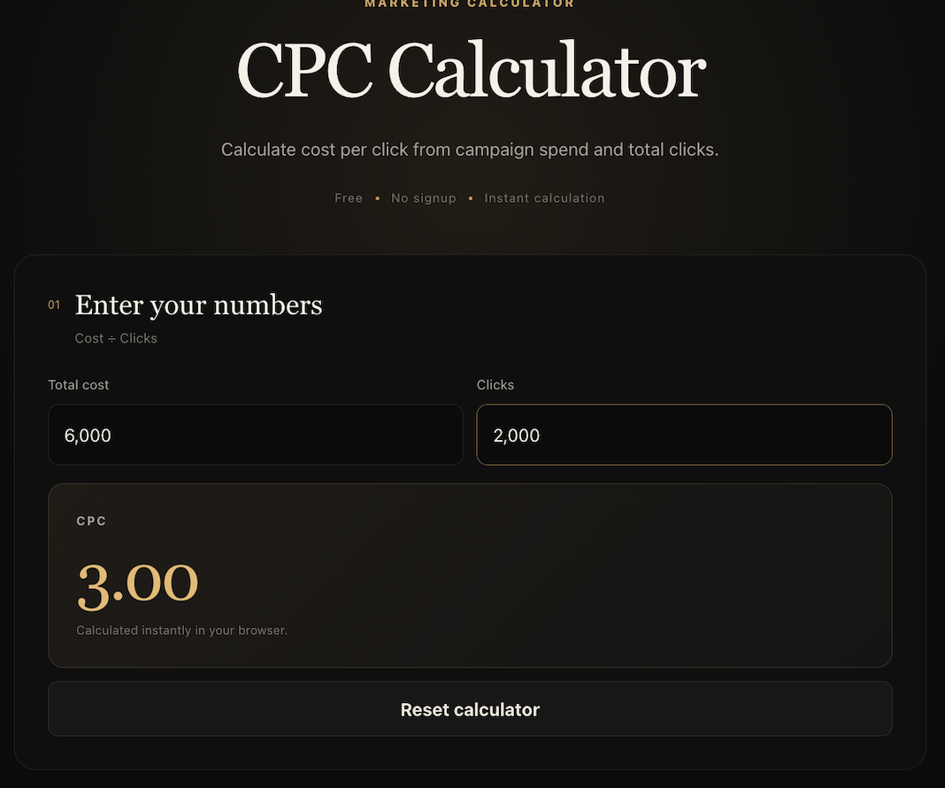 ViralTranscript CPC Calculator showing campaign cost and click values
